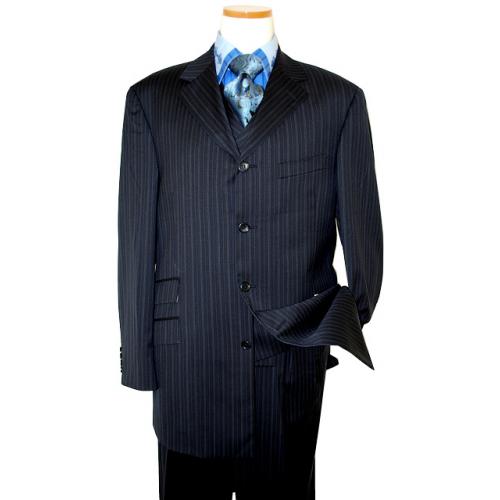 Steve Harvey Collection Navy Blue With Blue Pinstripes Super 120's Merino Wool Vested Suit